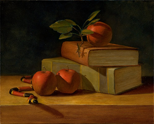 Still Life Painting with a Snake, Books, and Apples
